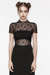 Schwarzes Rundhals Kurzarm Hohles Mesh Damen Gothic Top